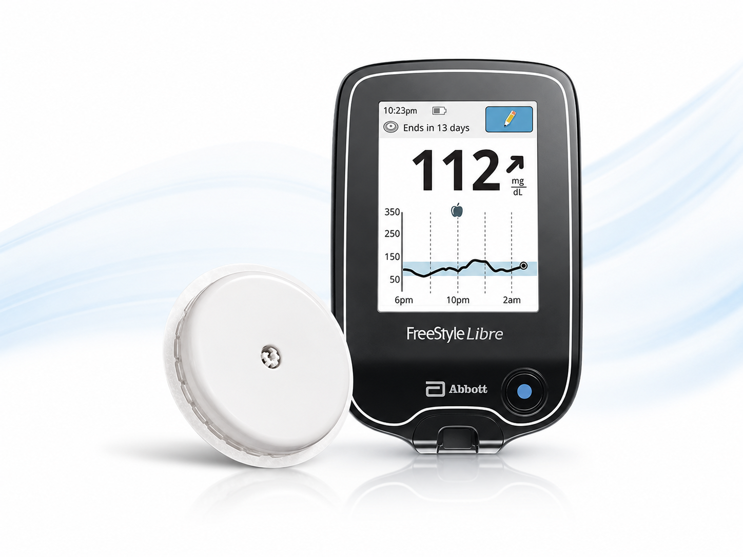 FreeStyle Libre continuous glucose monitoring system with sensor and reader.