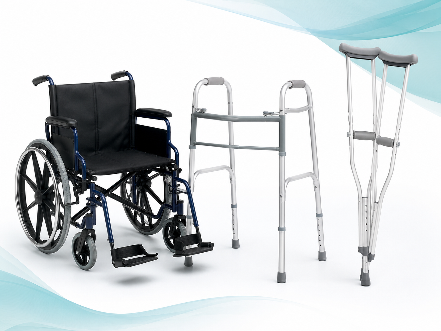 Mobility aids including a wheelchair, walker, and crutches arranged in a clean studio setting.