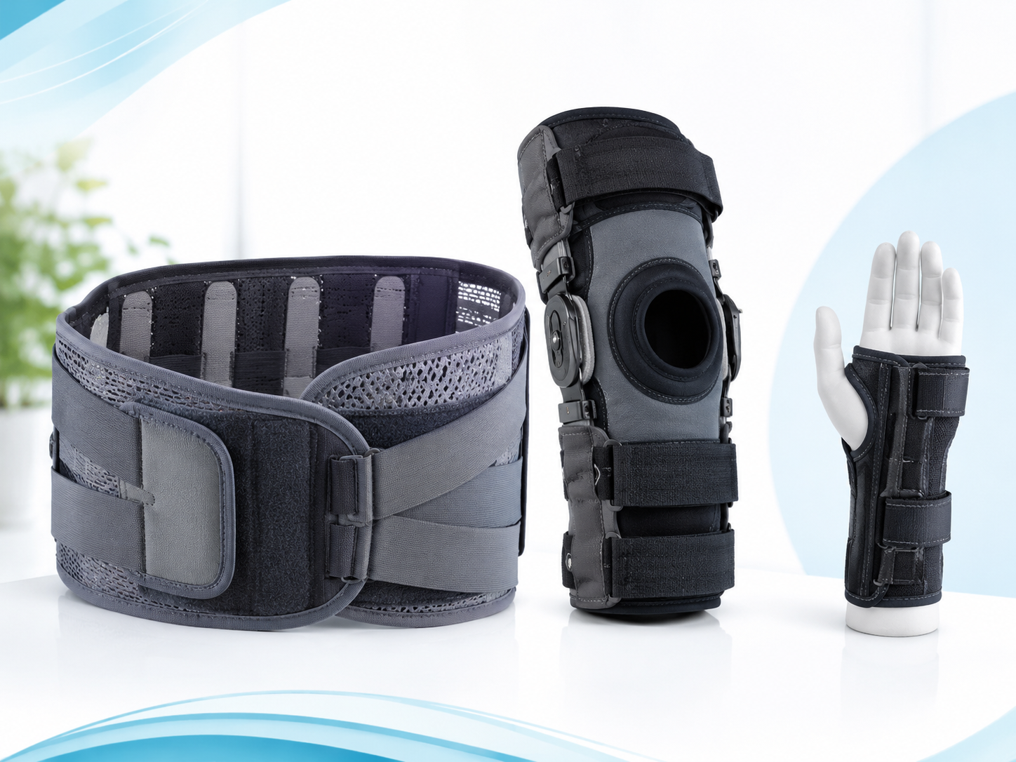 Orthopedic support products including a lumbar back brace, knee brace, and wrist brace.